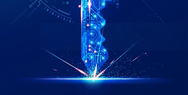 Glowing futuristic key made of digital circuits and technology elements, symbolizing access, security, and transparency in MSP selection.