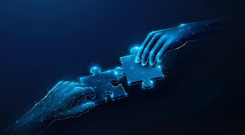 Two digital hands connecting glowing puzzle pieces, symbolizing MSPwiz helping businesses and managed service providers align through MSP matchmaking.