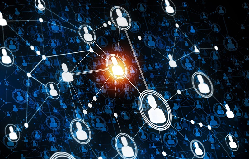 Digital network of connected user icons with one highlighted, representing MSPwiz intelligent MSP matchmaking to connect organizations with the right providers.