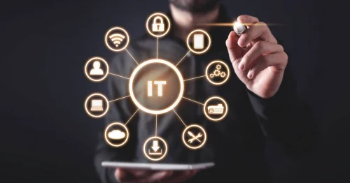 Glowing IT hub graphic with connected technology icons, illustrating MSPwiz blog on IT services and MSP matchmaking benefits.
